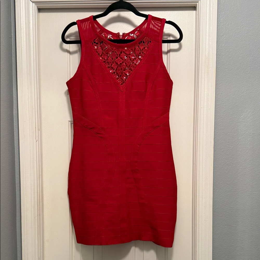 bebe Red Lace Detail Mini Dress